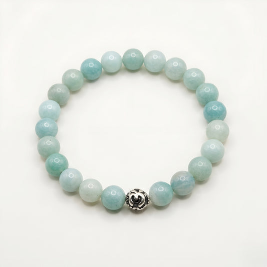 Natural Amazonite Stone Bracelet featuring genuine polished Amazonite gemstone beads with a 92.5 sterling silver bead, handcrafted stretch bracelet for men and women.