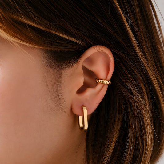 Gold plated twisted rope ear cuff for women, no piercing ear cuff with anti-tarnish finish, lightweight minimalist fashion jewellery for everyday, office, party and festive wear.