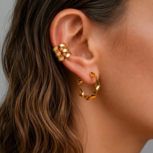 Gold plated dome ear cuff for women with smooth polished finish, no piercing ear cuff, anti-tarnish minimalist statement jewellery for everyday and party wear.