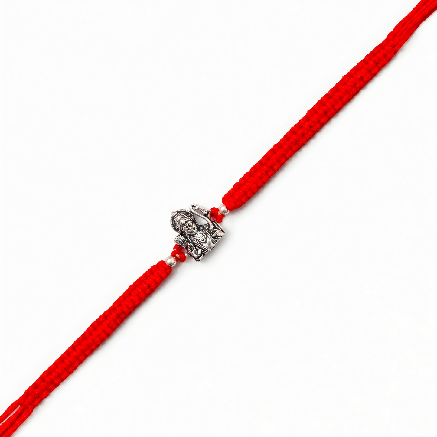 Silver Shri Ram Dhanush Rakhi with Lord Ram bow design and red braided thread for brother on Raksha Bandhan