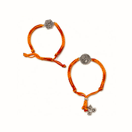 Sterling Silver Radha Krishna Bhaiya Bhabhi Couple Rakhi Set with orange red thread and matching lumba rakhi for Raksha Bandhan