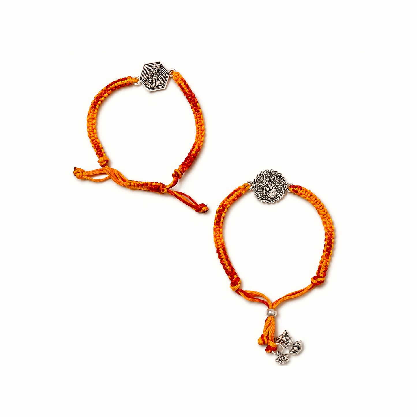 Sterling Silver Radha Krishna Bhaiya Bhabhi Couple Rakhi Set with orange red thread and matching lumba rakhi for Raksha Bandhan
