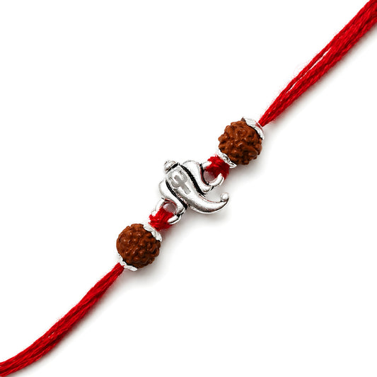 Sterling Silver Ganesh Rudraksha Rakhi with Lord Ganesha centrepiece, two Rudraksha beads and red thread for brother