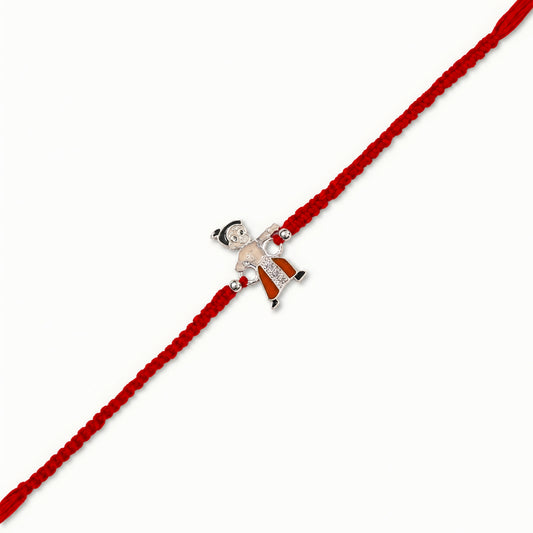 Sterling Silver Little Warrior Kids Rakhi with orange enamel cartoon centrepiece, silver beads and red woven thread
