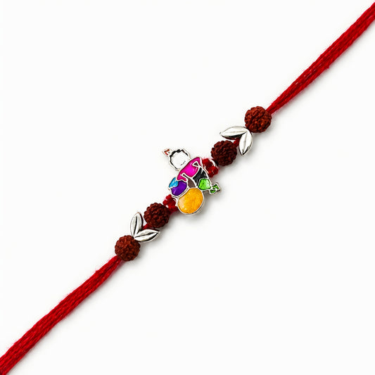 Sterling Silver Bal Krishna Matki Rudraksha Rakhi with colourful enamel motif, silver leaves and red thread for brother