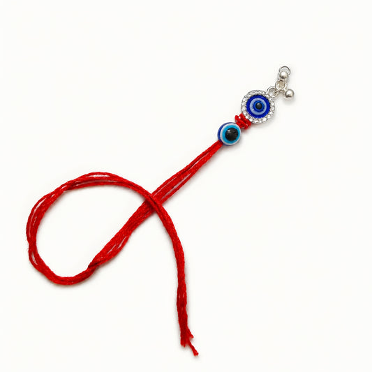 Sterling Silver Dual Nazar Lumba Rakhi for Bhabhi with two blue evil-eye motifs, hanging silver beads and red thread