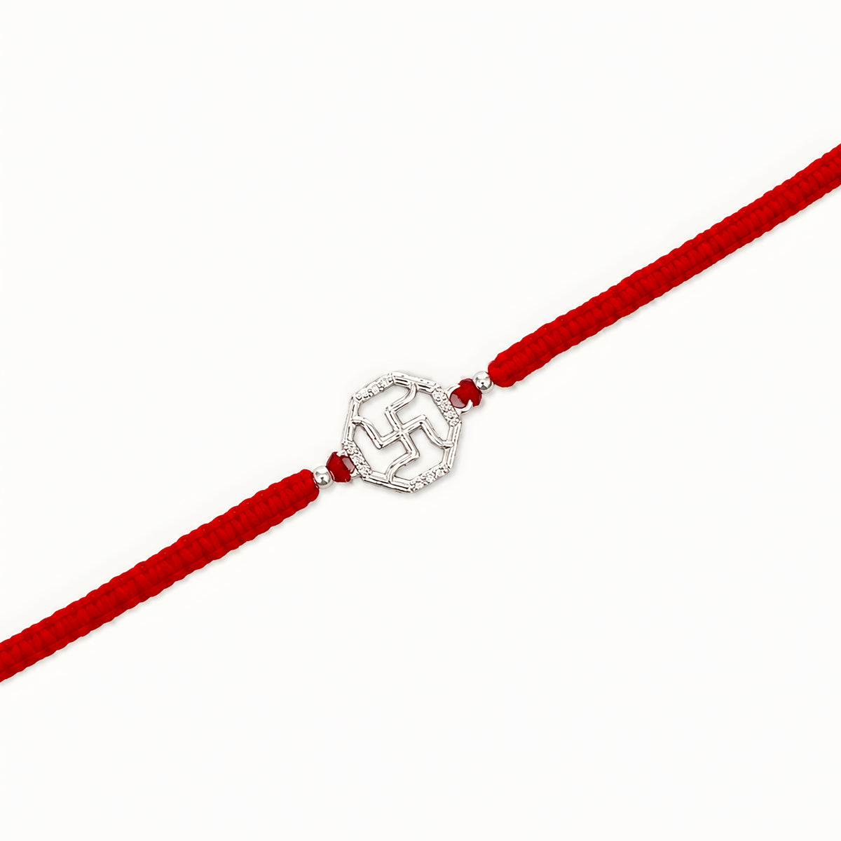 Swastik 925 silver Rakhi with red braided thread for brother