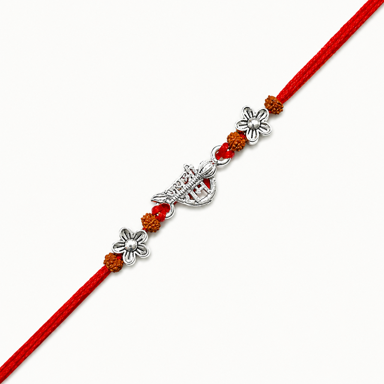 Silver Jai Shree Ram Rudraksha Rakhi with original Rudraksha beads, floral silver accents and handcrafted red thread for Raksha Bandhan