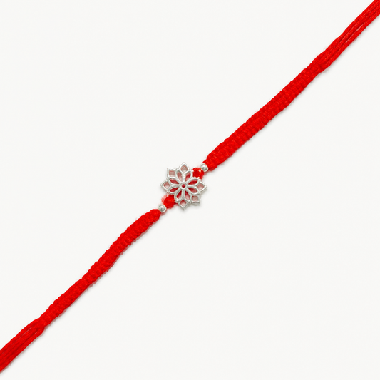 Silver Lotus Flower Rakhi with handcrafted red braided thread for Raksha Bandhan gift for brother