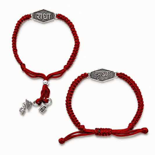 Silver Radha Krishna couple rakhi bracelet set with adjustable red braided thread for Raksha Bandhan gift