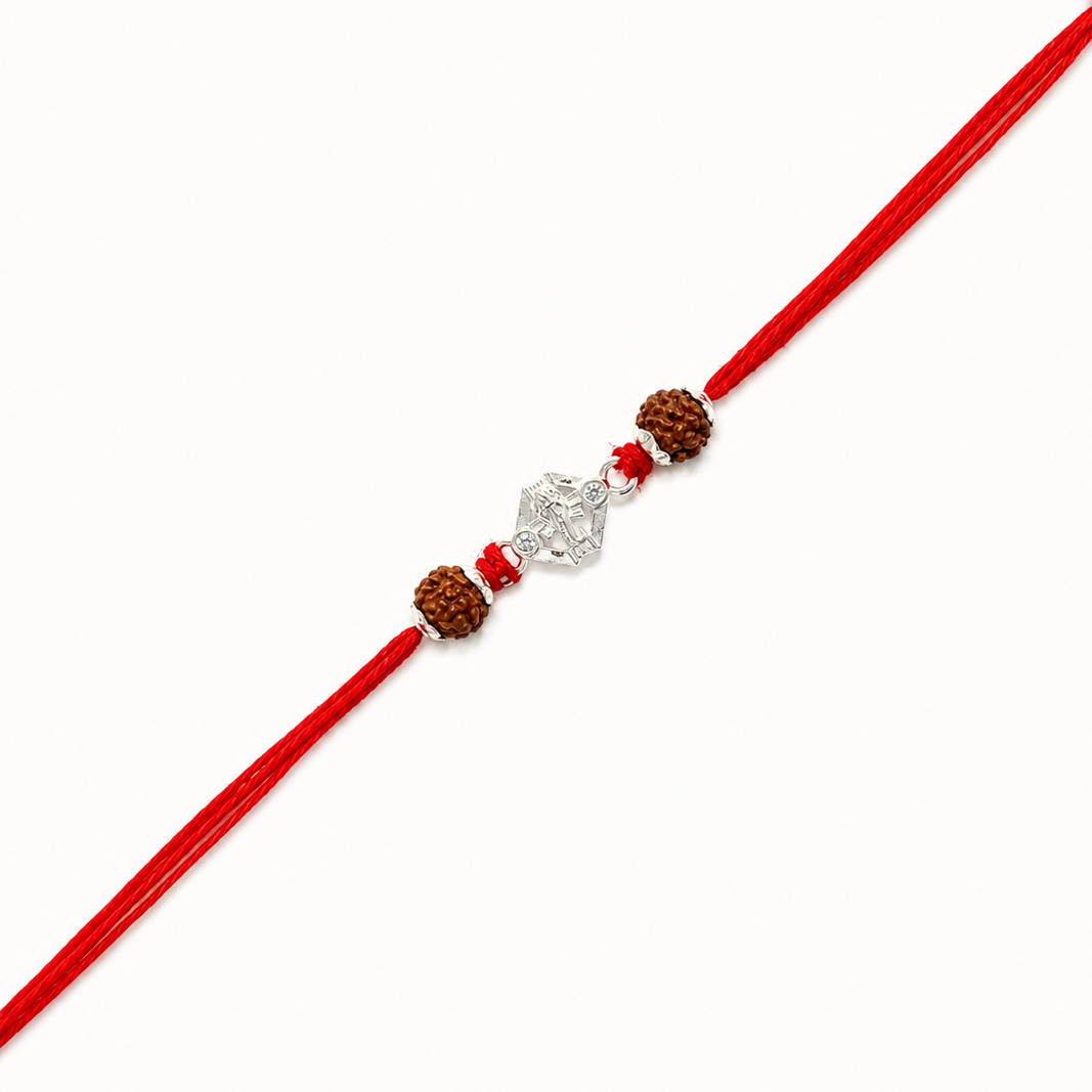 Silver Ganesh Rakhi with original Rudraksha beads and red thread for Raksha Bandhan gift for brother