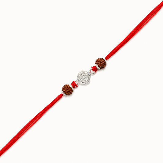 Silver Ganesh Rakhi with original Rudraksha beads and red thread for Raksha Bandhan gift for brother