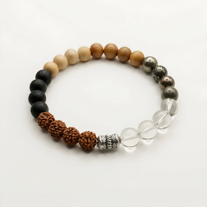 7 Elements Natural Stone Bracelet featuring Rudraksha, Tulsi, Karungali, Sukhad, Pyrite, Sphatik crystal and a 92.5 sterling silver bead, handcrafted spiritual bracelet for men and women.
