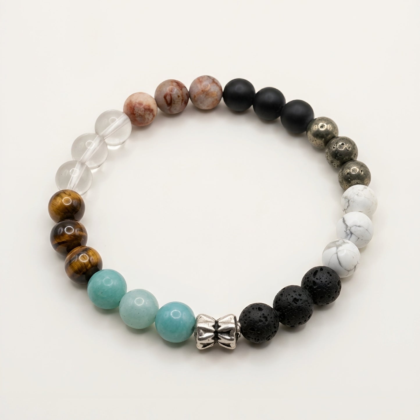 Harmony Eight Natural Multi Gemstone Bracelet featuring Tiger Eye, Clear Quartz, Amazonite, Lava Stone, Howlite, Pyrite and Black Onyx beads for men and women.
