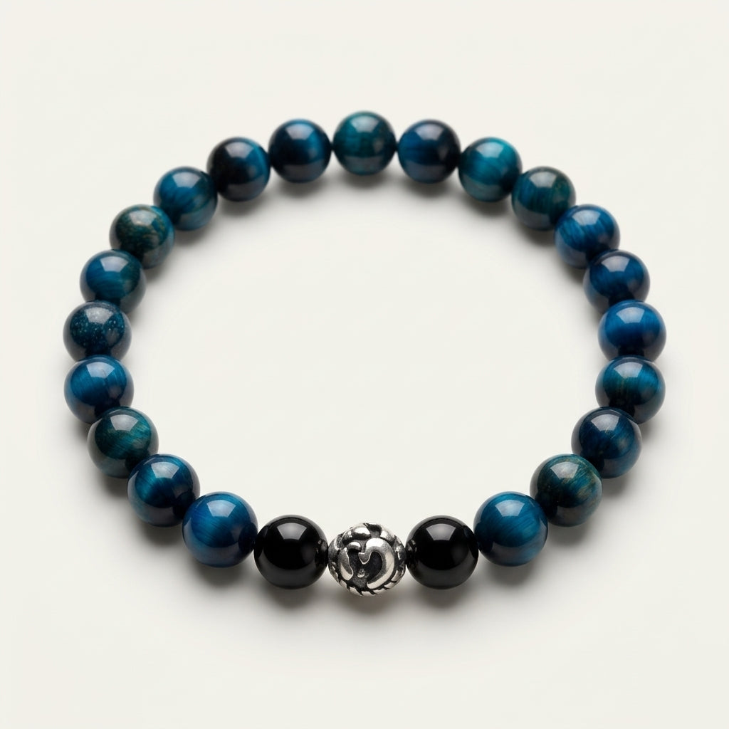 Lab Certified Blue Tiger Eye gemstone bracelet with genuine 92.5 sterling silver bead, handcrafted natural gemstone bracelet for men and women.