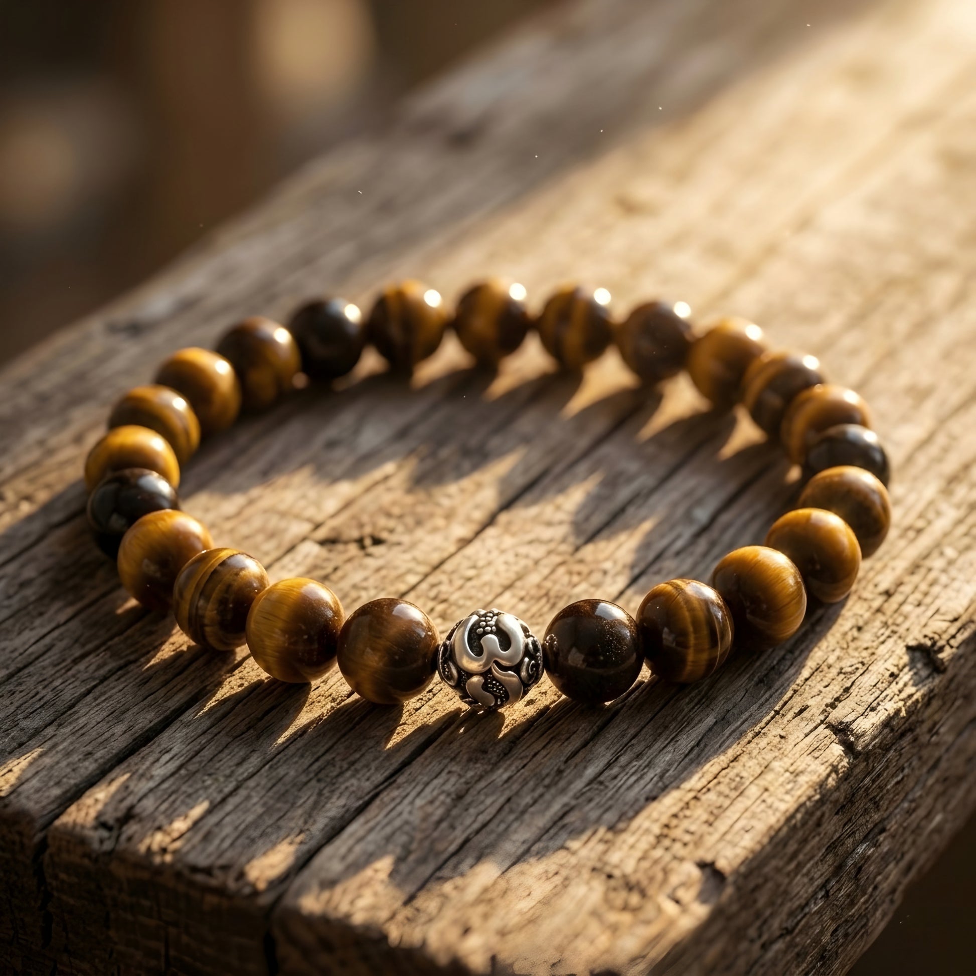 Natural Tiger Eye gemstone bracelet with premium silver accent bead worn on a wrist, featuring polished golden-brown stone beads.
