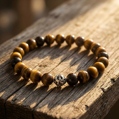 Natural Tiger Eye gemstone bracelet with premium silver accent bead worn on a wrist, featuring polished golden-brown stone beads.