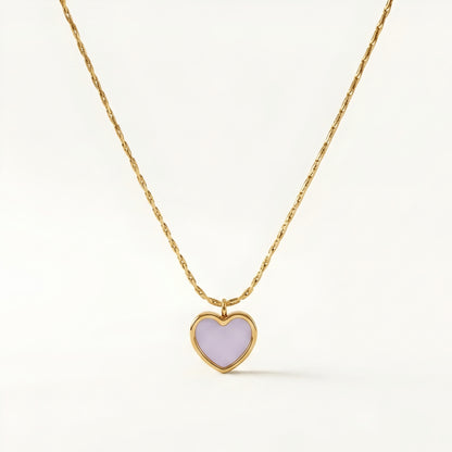 Lavender heart pendant necklace with a gold-tone chain, elegant minimalist daily wear jewellery for women.