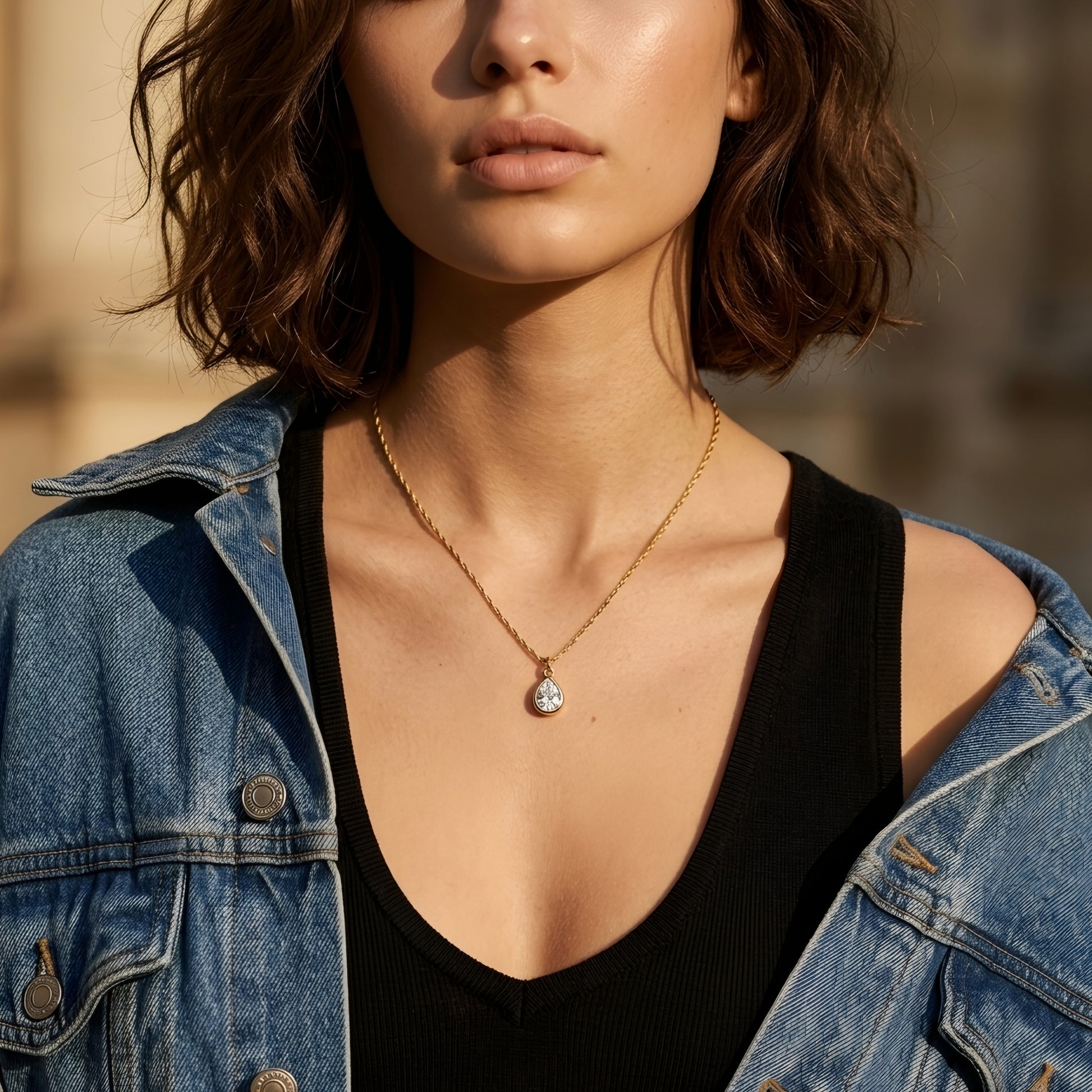 Elegant gold-tone teardrop pendant necklace with a sparkling stone, perfect for everyday wear and special occasions.