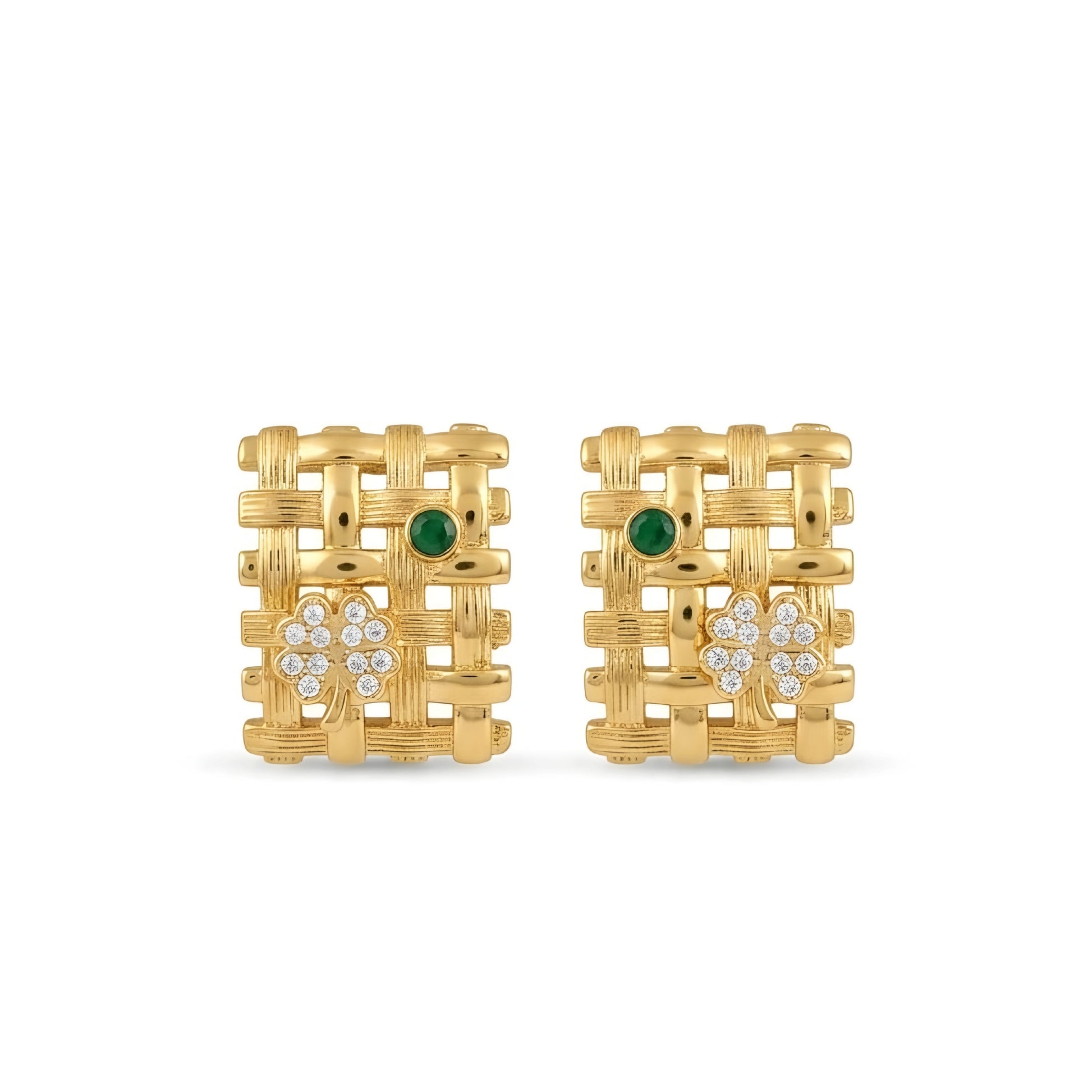 Woman wearing anti tarnish gold toned geometric push back earrings with green stone detail by MahanandaFJ Atelier.
