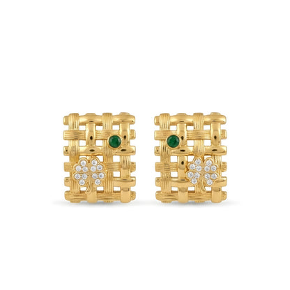 Woman wearing anti tarnish gold toned geometric push back earrings with green stone detail by MahanandaFJ Atelier.