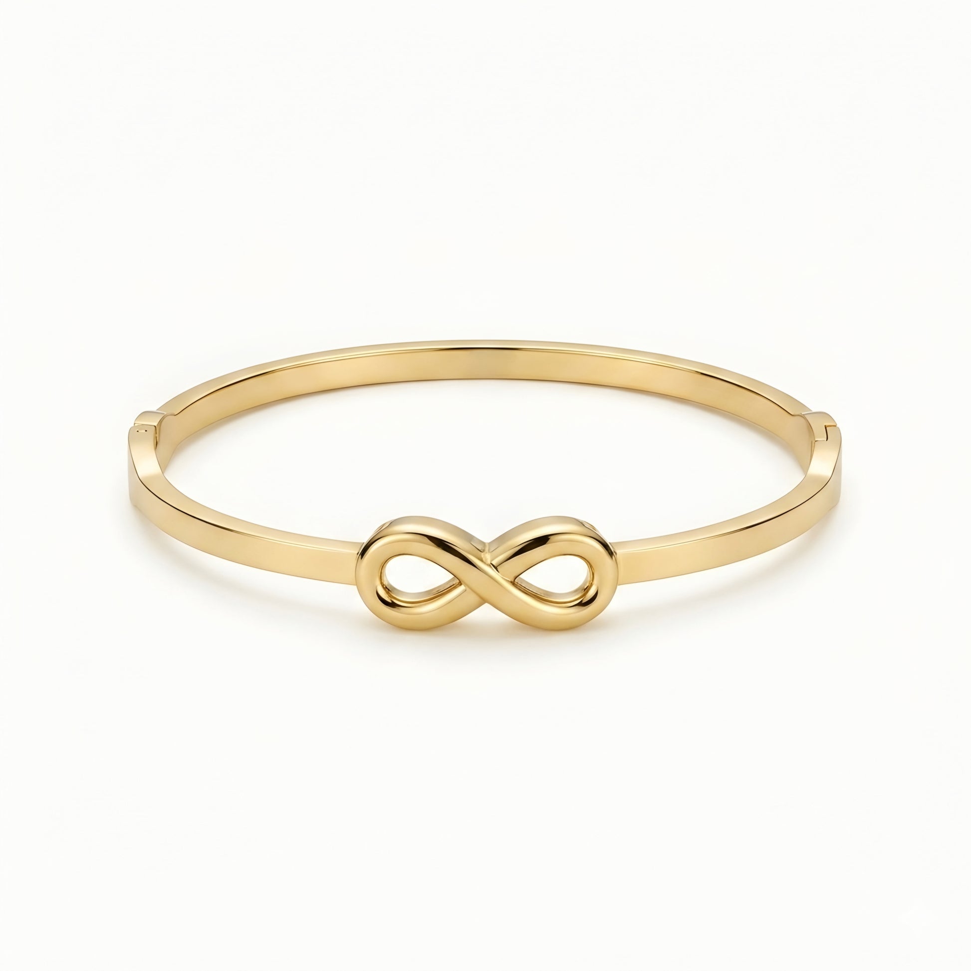 Minimalist gold infinity bangle bracelet with polished finish for women, elegant luxury everyday jewelry.
