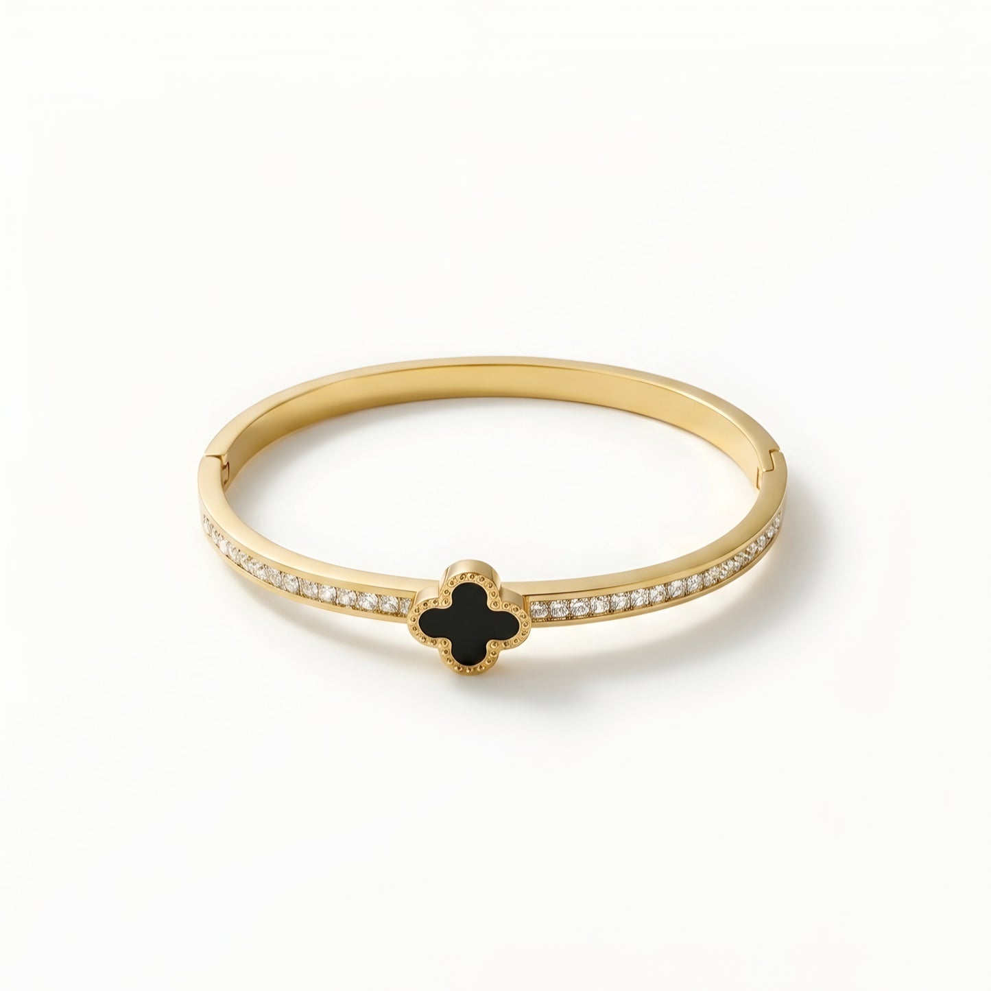 Gold plated black clover crystal bangle bracelet for women with sparkling zircon stones, worn on a model, perfect for daily wear and elegant styling.