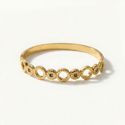 Elegant gold circle crystal bracelet for women featuring modern circular links and sparkling crystal accents.