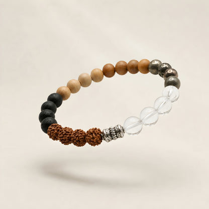 7 Elements Natural Stone Bracelet featuring Rudraksha, Tulsi, Karungali, Sukhad, Pyrite, Sphatik crystal and a 92.5 sterling silver bead, handcrafted spiritual bracelet for men and women.