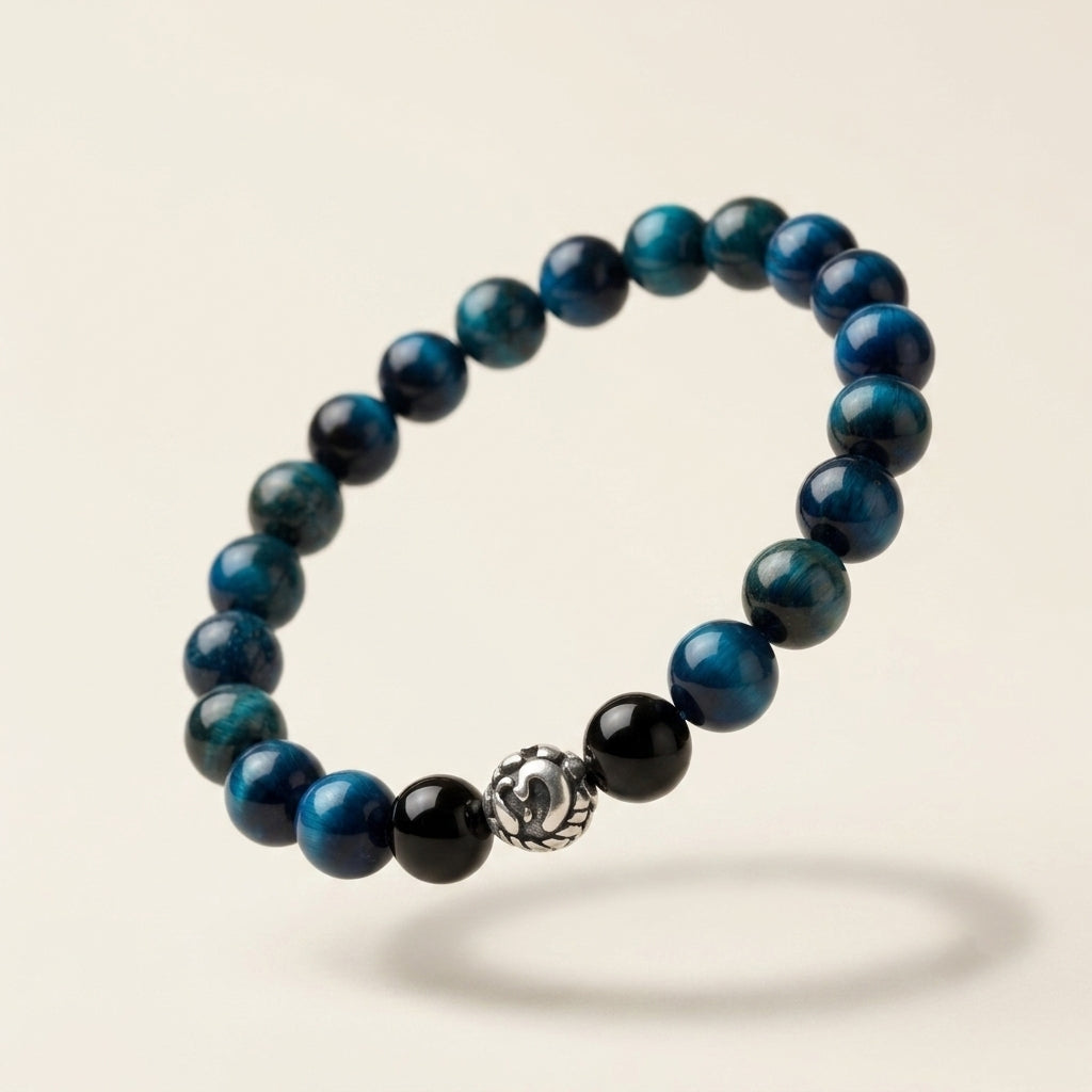 Lab Certified Blue Tiger Eye gemstone bracelet with genuine 92.5 sterling silver bead, handcrafted natural gemstone bracelet for men and women.