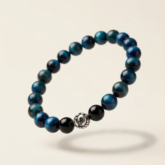 Lab Certified Blue Tiger Eye gemstone bracelet with genuine 92.5 sterling silver bead, handcrafted natural gemstone bracelet for men and women.