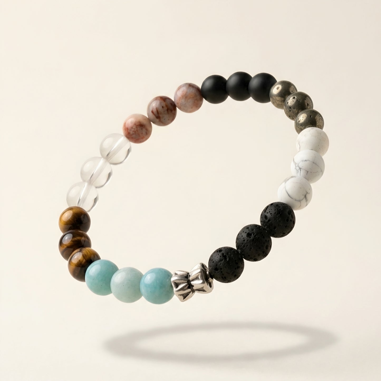 Harmony Eight Natural Multi Gemstone Bracelet featuring Tiger Eye, Clear Quartz, Amazonite, Lava Stone, Howlite, Pyrite and Black Onyx beads for men and women.
