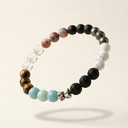 Harmony Eight Natural Multi Gemstone Bracelet featuring Tiger Eye, Clear Quartz, Amazonite, Lava Stone, Howlite, Pyrite and Black Onyx beads for men and women.