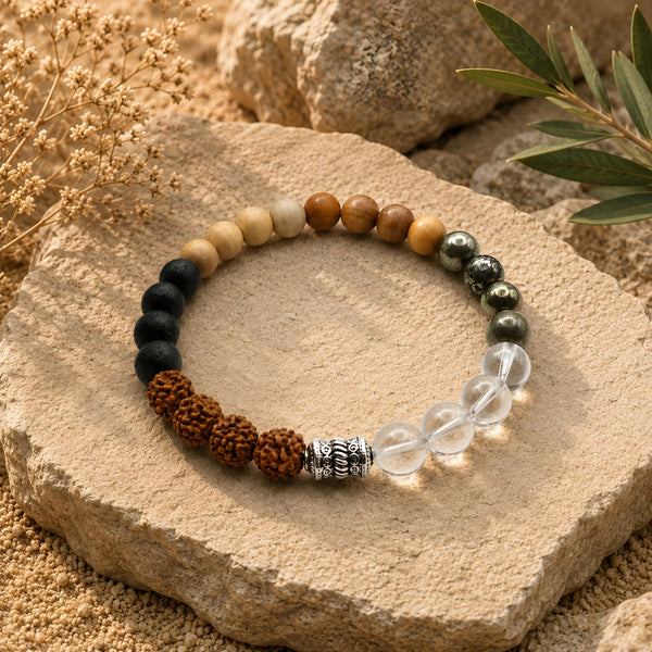 7 Elements Natural Stone Bracelet featuring Rudraksha, Tulsi, Karungali, Sukhad, Pyrite, Sphatik crystal and a 92.5 sterling silver bead, handcrafted spiritual bracelet for men and women.