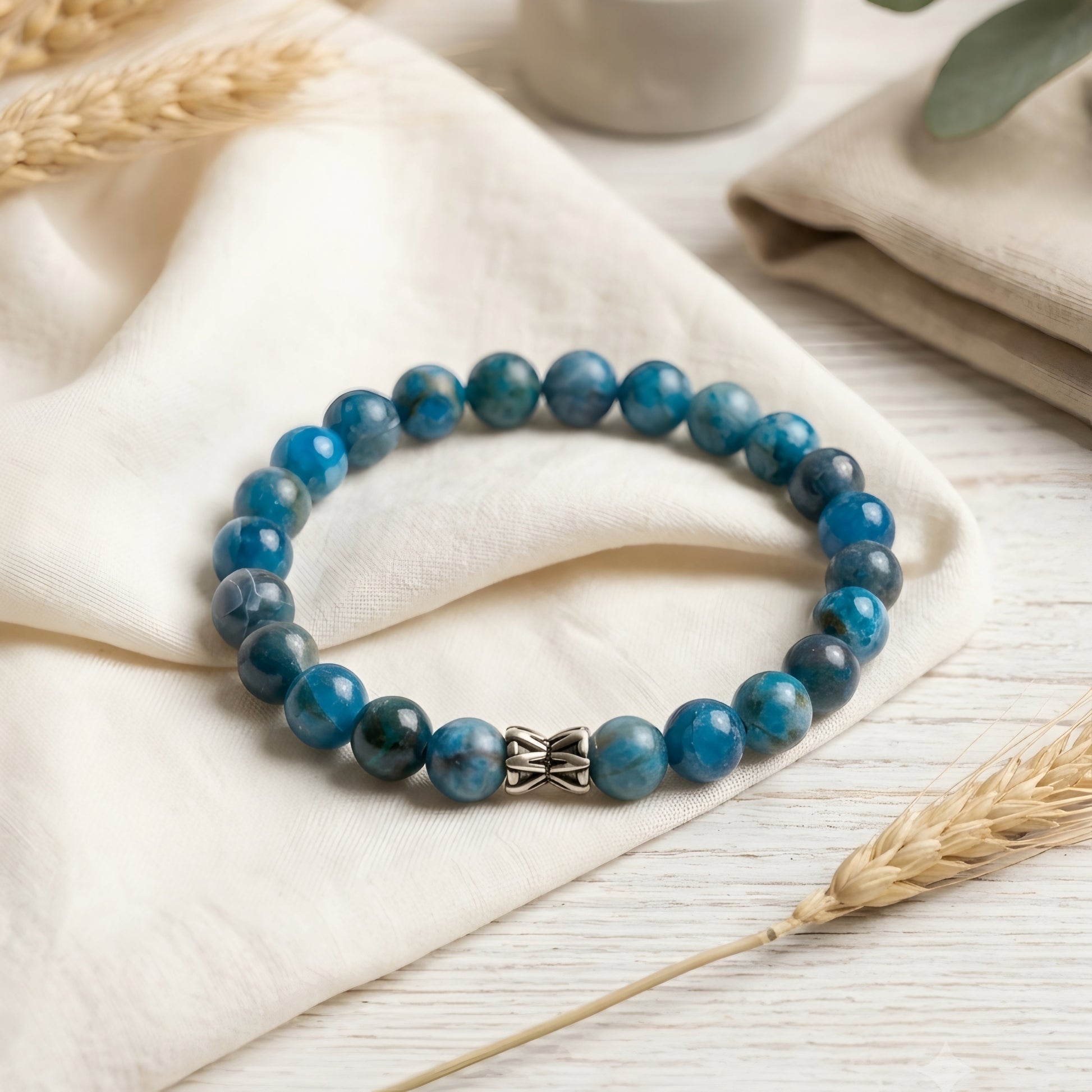 Lab Certified Blue Apatite gemstone bracelet with genuine 92.5 sterling silver bead, handcrafted natural gemstone bracelet for men and women.