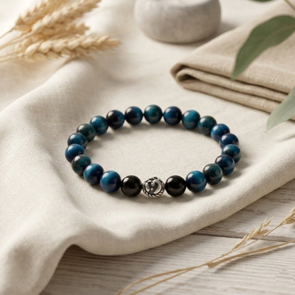Lab Certified Blue Tiger Eye gemstone bracelet with genuine 92.5 sterling silver bead, handcrafted natural gemstone bracelet for men and women.