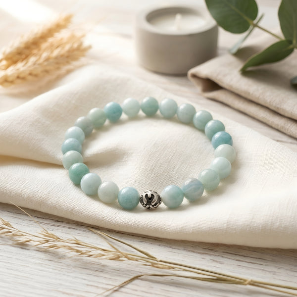Natural Amazonite Stone Bracelet featuring genuine polished Amazonite gemstone beads with a 92.5 sterling silver bead, handcrafted stretch bracelet for men and women.