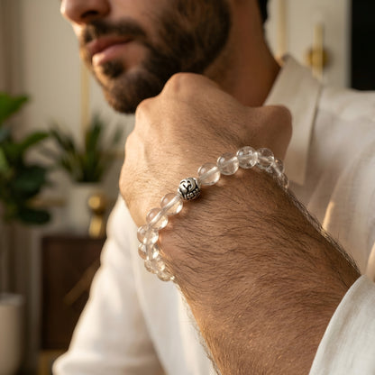 Lab Certified Divine Sphatik (Clear Quartz) gemstone bracelet with genuine 92.5 sterling silver bead, handcrafted natural crystal bracelet for men and women.