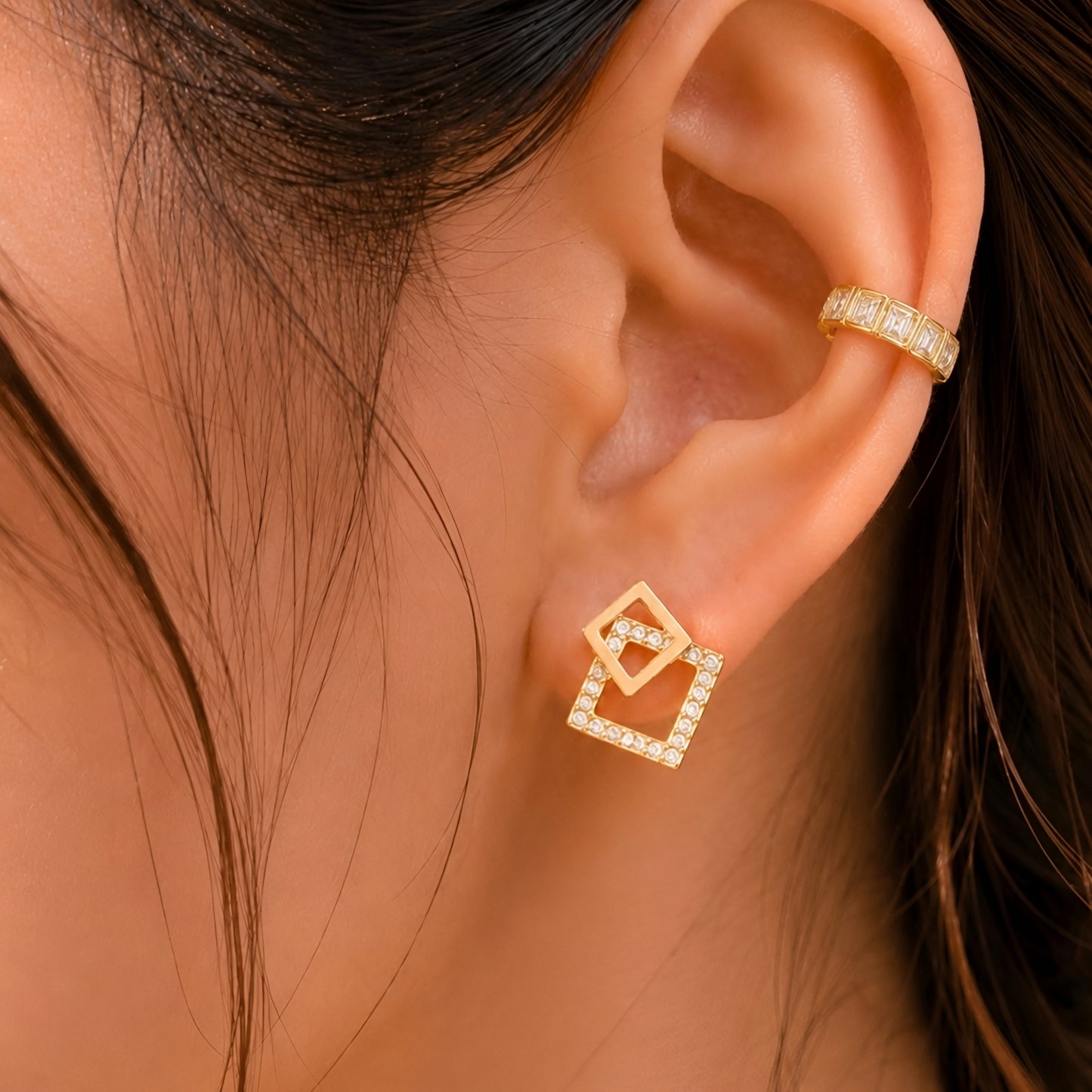 Gold plated ear cuff with square-cut clear crystals for women, anti-tarnish no-piercing ear cuff, lightweight minimalist fashion jewellery for everyday and party wear.