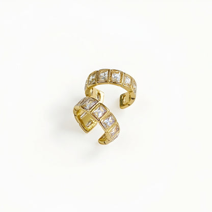 Gold plated ear cuff with square-cut clear crystals for women, anti-tarnish no-piercing ear cuff, lightweight minimalist fashion jewellery for everyday and party wear.