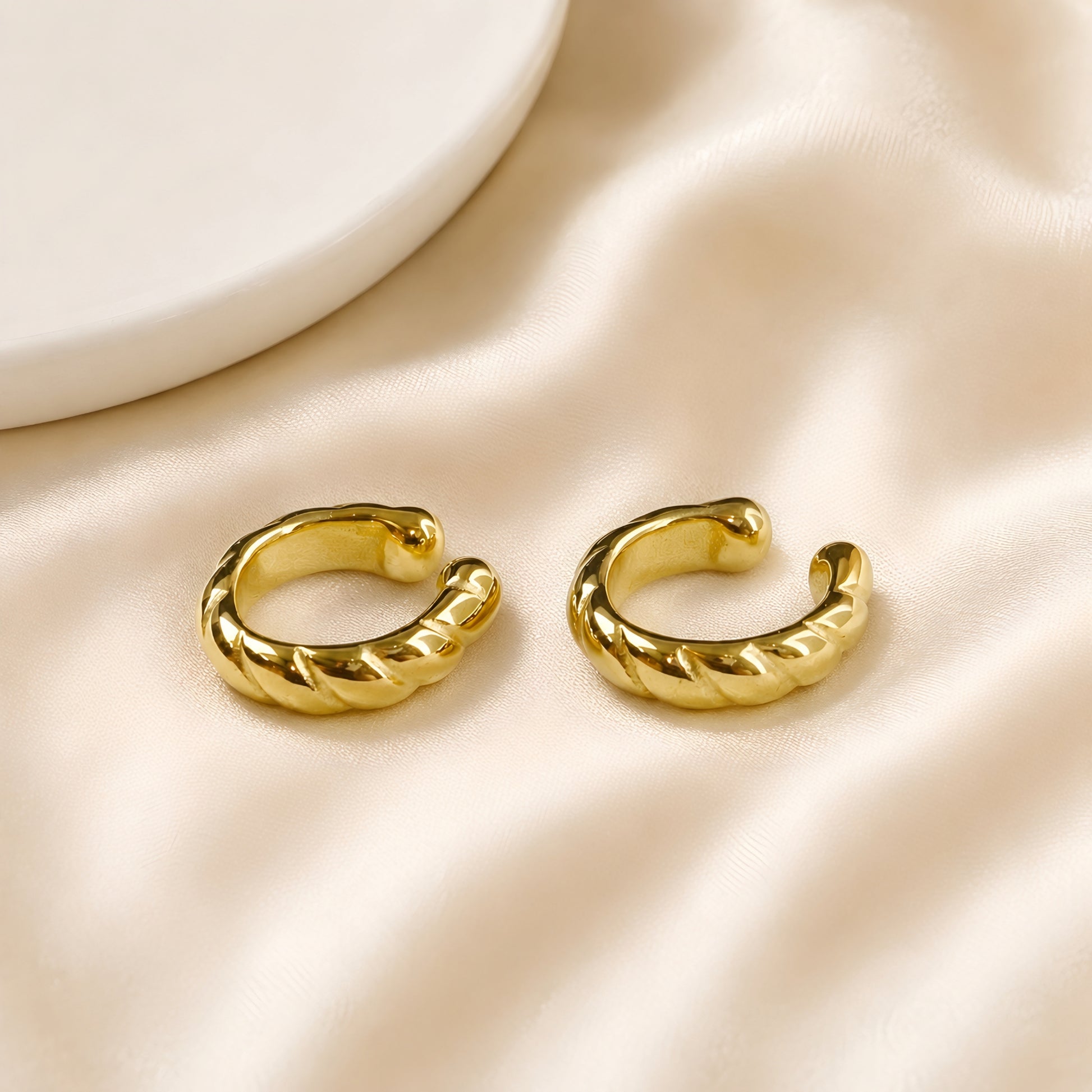 Gold plated twisted rope ear cuff for women, no piercing ear cuff with anti-tarnish finish, lightweight minimalist fashion jewellery for everyday, office, party and festive wear.