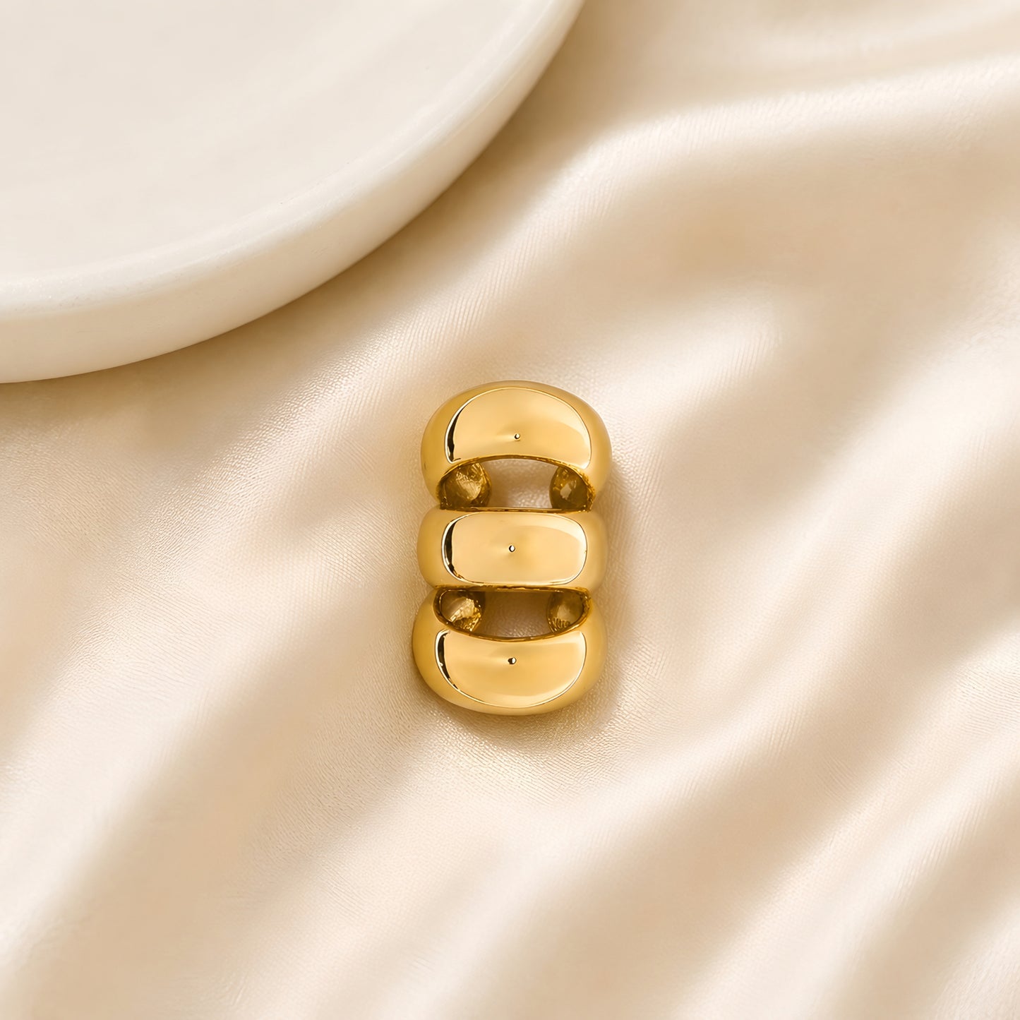 Gold plated dome ear cuff for women with smooth polished finish, no piercing ear cuff, anti-tarnish minimalist statement jewellery for everyday and party wear.