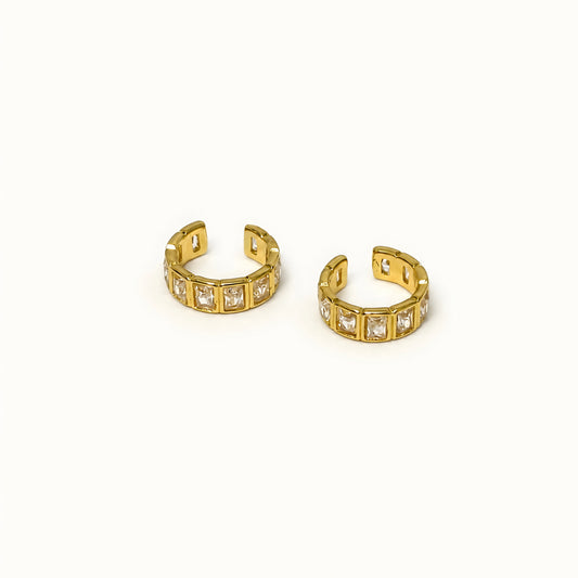 Gold plated ear cuff with square-cut clear crystals for women, anti-tarnish no-piercing ear cuff, lightweight minimalist fashion jewellery for everyday and party wear.