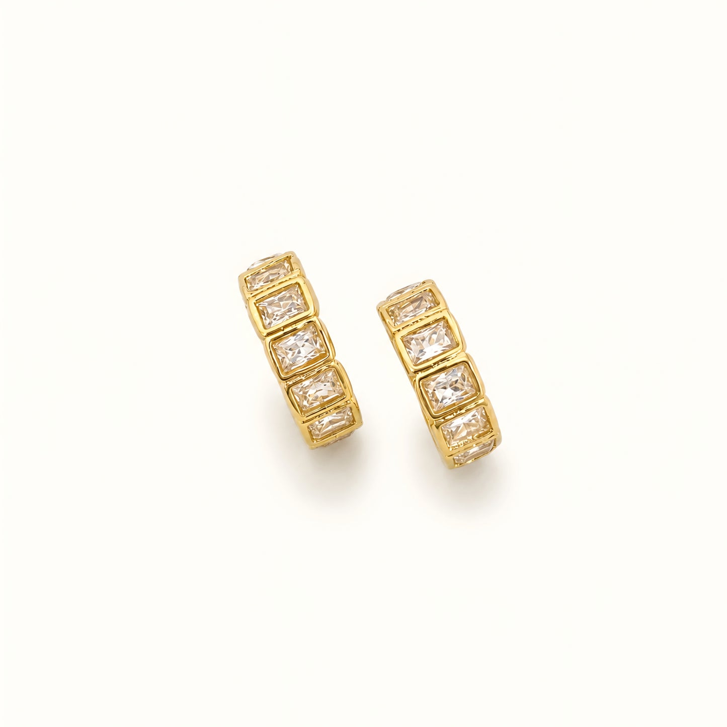 Gold plated ear cuff with square-cut clear crystals for women, anti-tarnish no-piercing ear cuff, lightweight minimalist fashion jewellery for everyday and party wear.