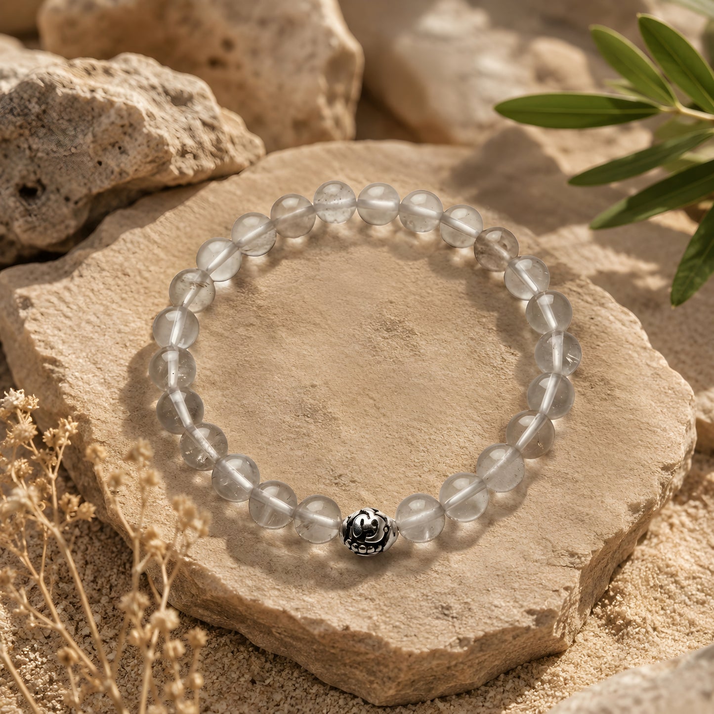 Lab Certified Divine Sphatik (Clear Quartz) gemstone bracelet with genuine 92.5 sterling silver bead, handcrafted natural crystal bracelet for men and women.