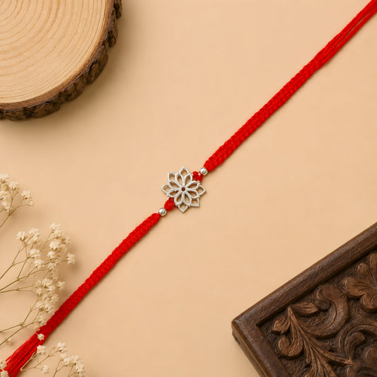 Silver Lotus Flower Rakhi with handcrafted red braided thread for Raksha Bandhan gift for brother