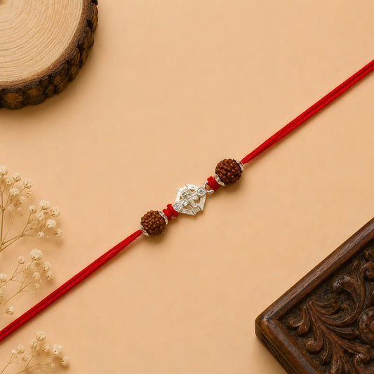 Silver Ganesh Rakhi with original Rudraksha beads and red thread for Raksha Bandhan gift for brother