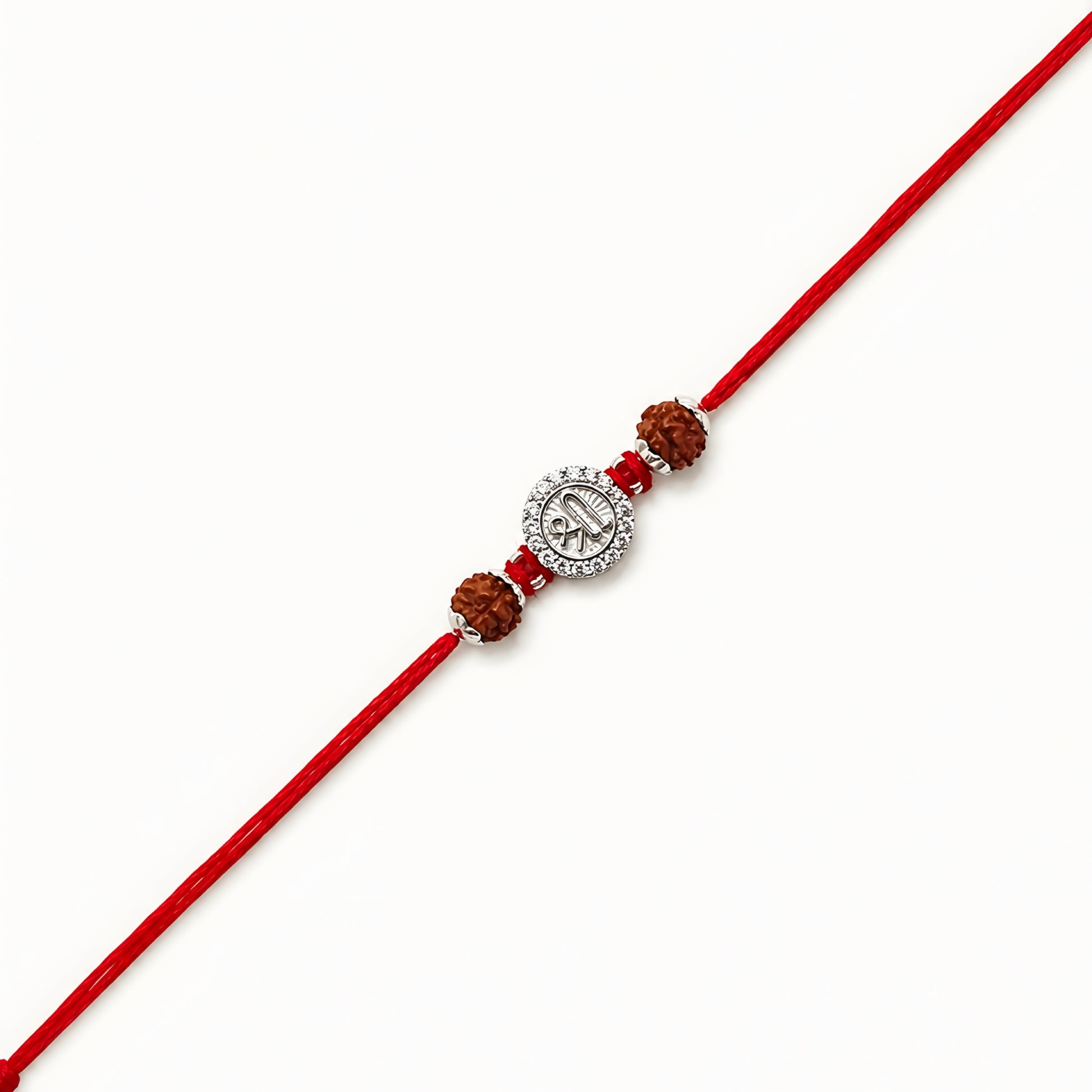 Silver Shree Rudraksha Rakhi featuring the sacred Shree symbol, original Rudraksha beads, and handcrafted red thread for Raksha Bandhan