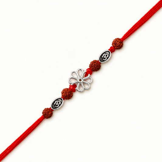 Silver Floral Om Original Rudraksha Rakhi