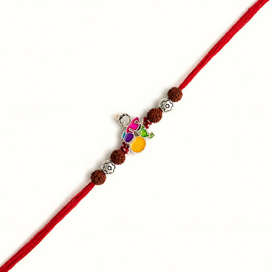 Sterling Silver Bal Krishna Rudraksha Rakhi with colourful enamel makhan matki design and red thread for brother
